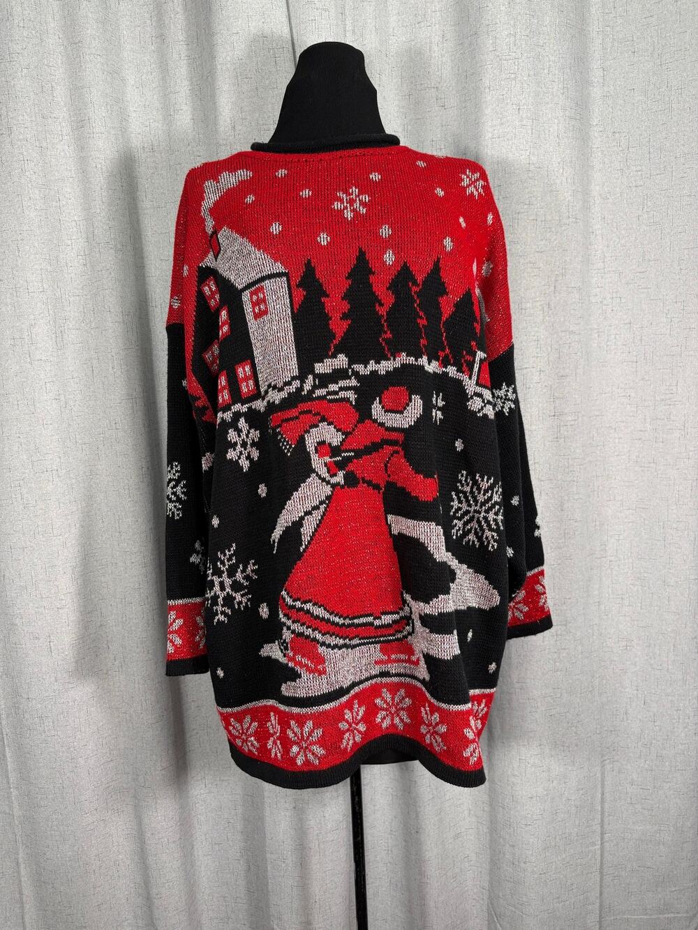 Plus Size Holiday Christmas Sweater Couple Skating Black & Red Metallic Thread